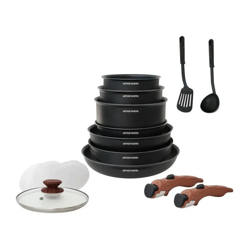 Am1502 Batterie De Cuisine 15 Pieces - Poignee Amovible Effet Bois - T 