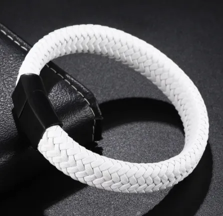 Bracelet tressé blanc en cuir véritable pour hommes