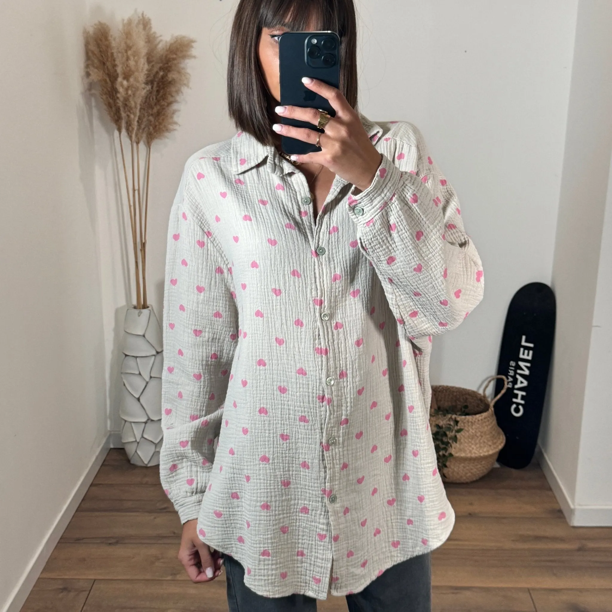 CHEMISE GRISE COEURS GAZE DE COTON