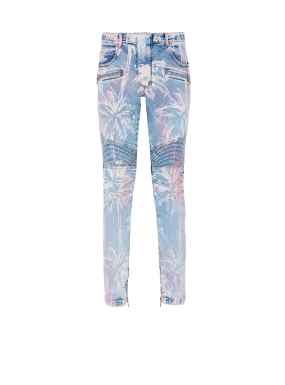 Jean Biker en denim imprimé Palmier