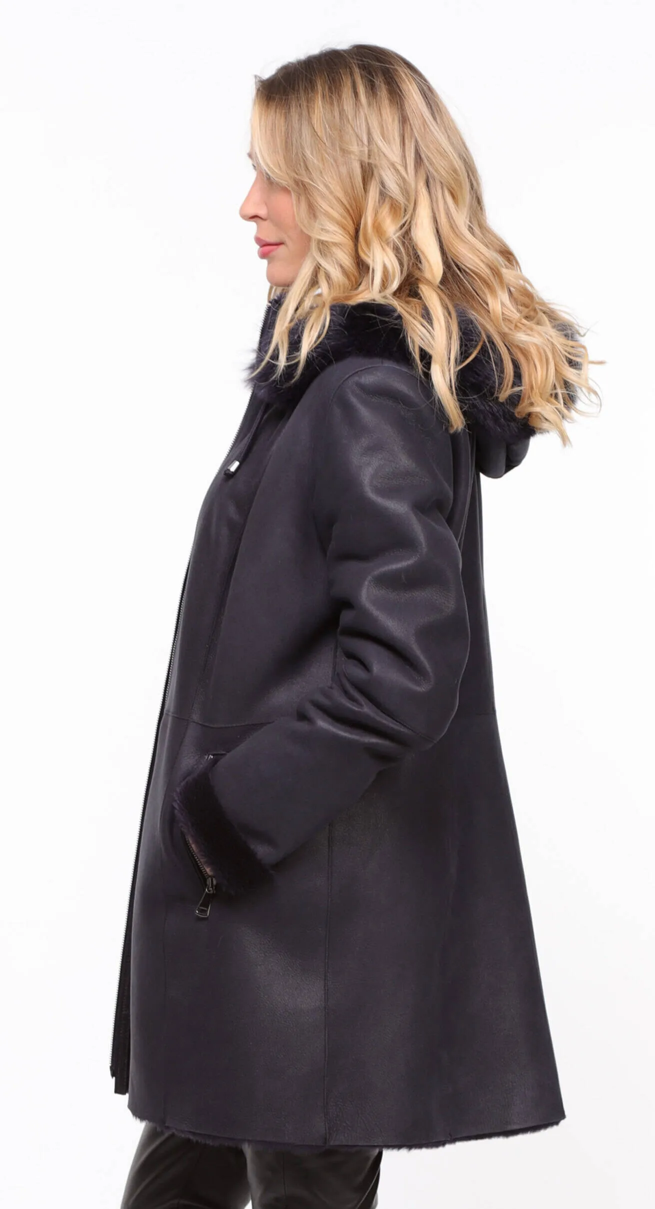 Manteau mouton capuche femme marine