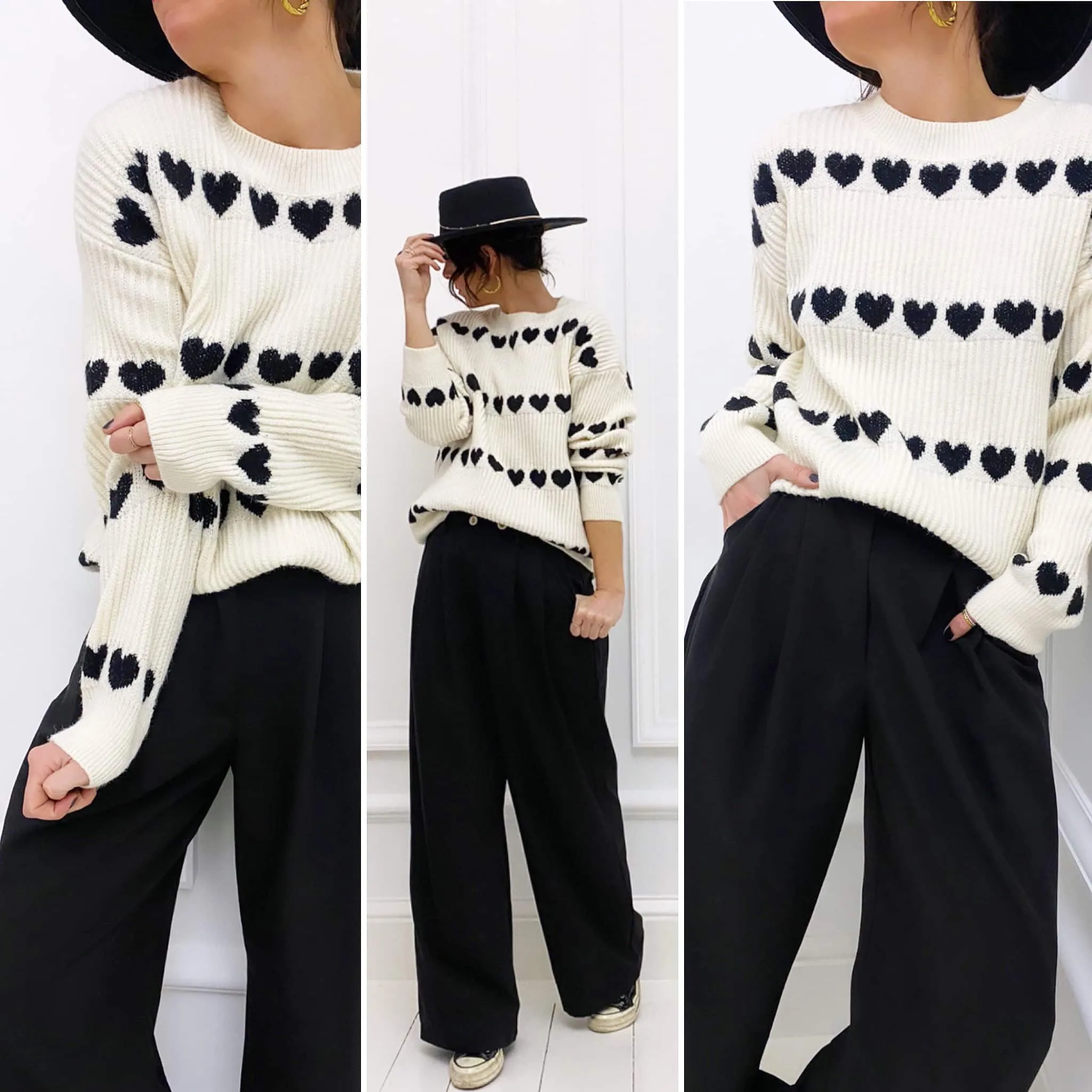 Pull crème coeurs noirs