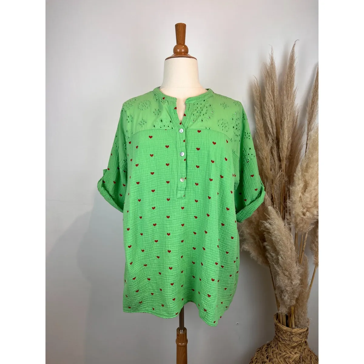 Tunique bohème coeurs gaze de coton & broderie anglaise vert grande taille