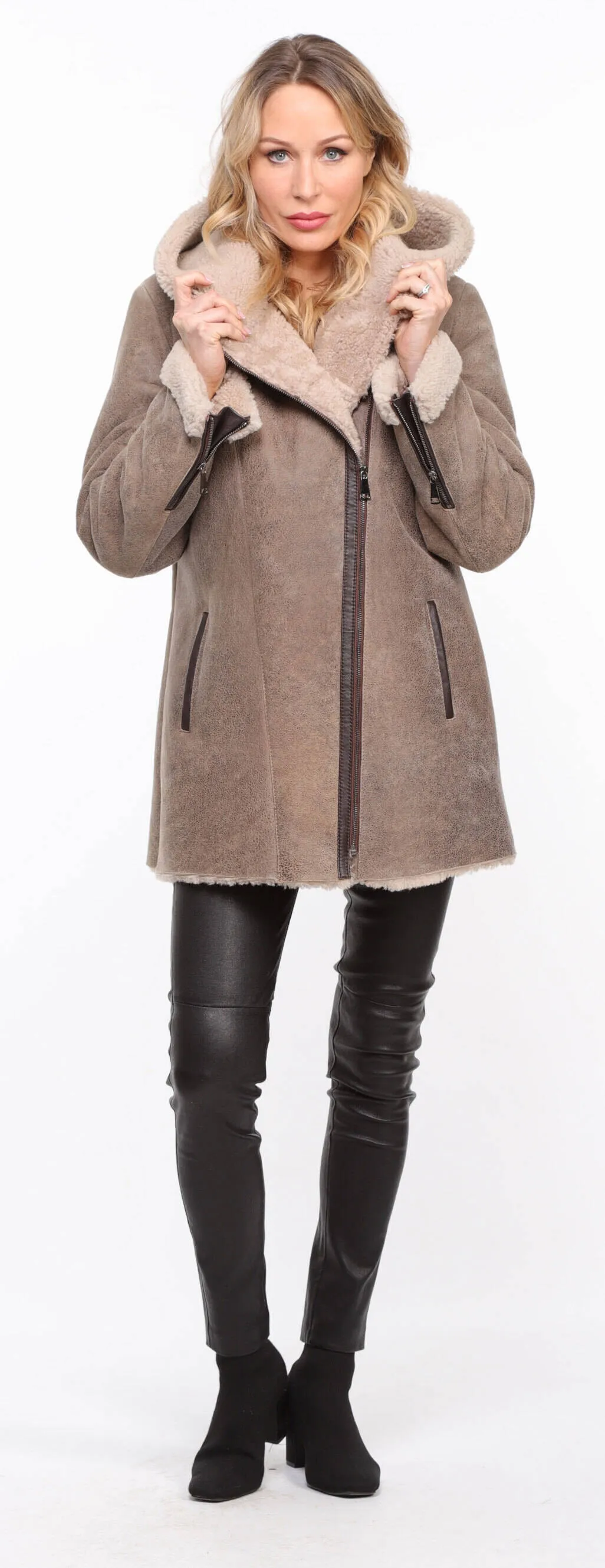 Veste capuche mouton femme sable