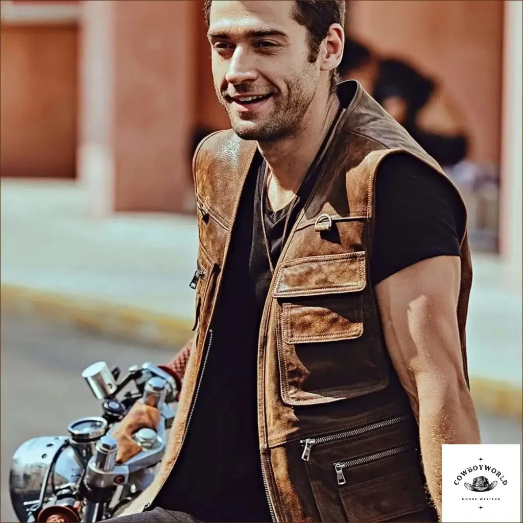 Veste Cuir Western Sans Manches Homme