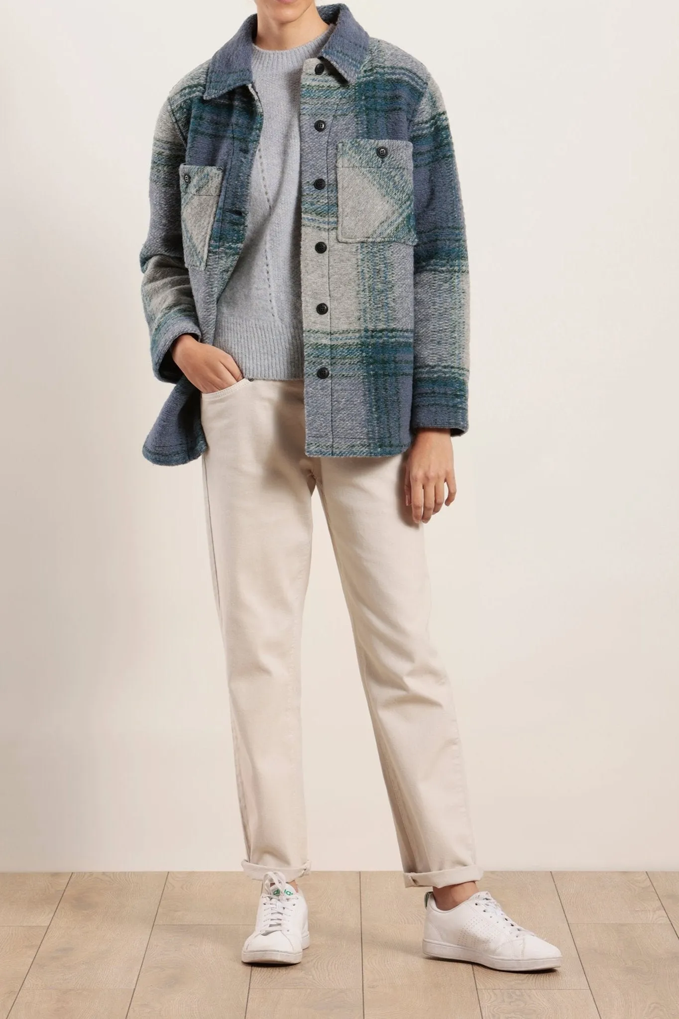 Veste surchemise à carreaux avec laine, polyester et nylon